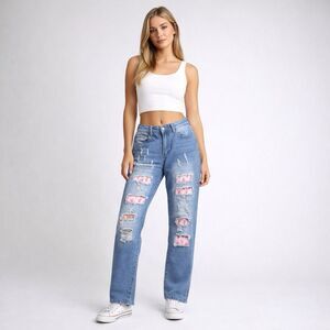 Distressed Heart Patch Jeans Cute Y2K Aesthetic Denim Ripped Straight Leg Pant M
